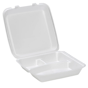 CKF 87519 FST-6A white foam hinged 3 compartment container, manufacturer product photo with background removed
