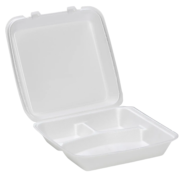 CKF 87519 FST-6A white foam hinged 3 compartment container, manufacturer product photo with background removed