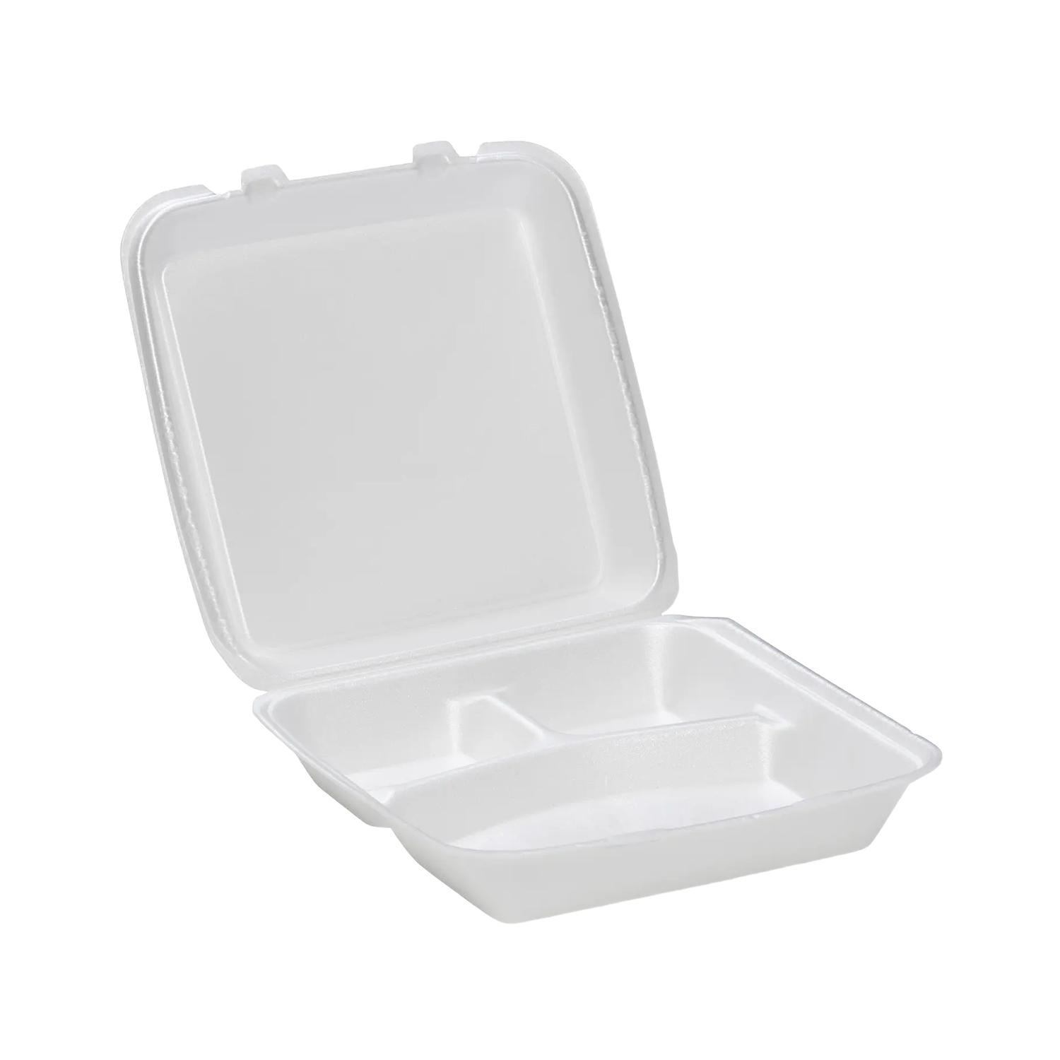 CKF 87519 FST-6A white foam hinged takeout container, three compartments, 9.2 x 9.7 x 3 inches, shown open on a white background