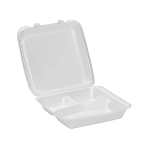 CKF 87519 FST-6A white foam hinged takeout container, three compartments, 9.2 x 9.7 x 3 inches, shown open on a white background