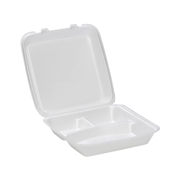 CKF 87519 FST-6A white foam hinged takeout container, three compartments, 9.2 x 9.7 x 3 inches, shown open on a white background
