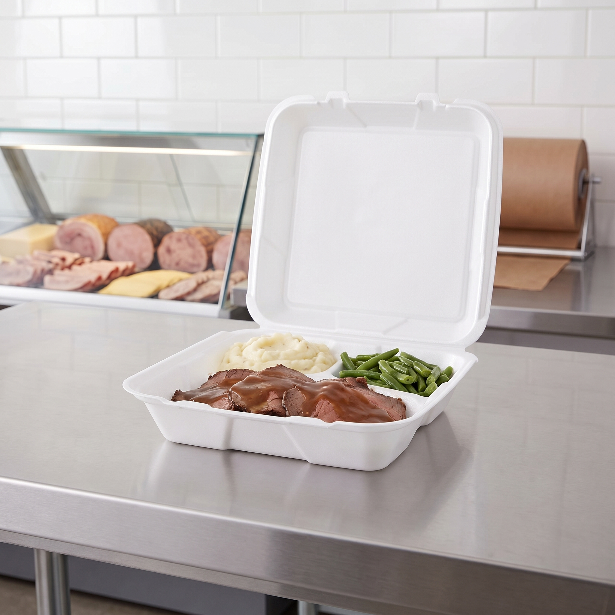 CKF 87519 FST-6A white foam hinged 3 compartment container open on a deli counter holding sliced roast beef with gravy, mashed potatoes and green beans