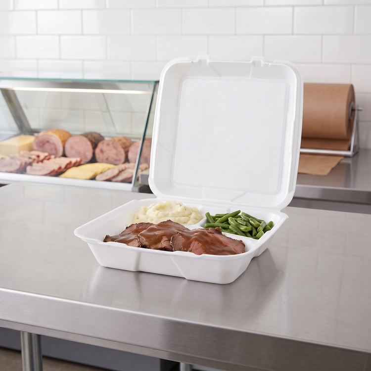 CKF 87519 FST-6A white foam hinged 3 compartment container open on a deli counter holding sliced roast beef with gravy, mashed potatoes and green beans