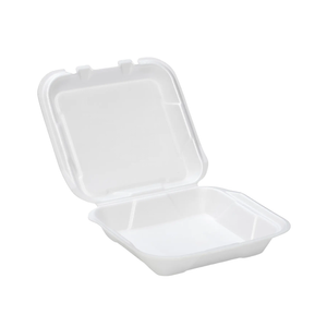 CKF 87545 FST-23 white foam hinged takeout container, one compartment, 7.6 x 8.3 x 2.2 inches, shown open on a white background