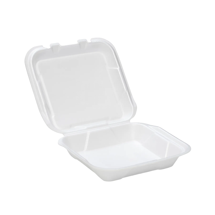 CKF 87545 FST-23 white foam hinged takeout container, one compartment, 7.6 x 8.3 x 2.2 inches, shown open on a white background