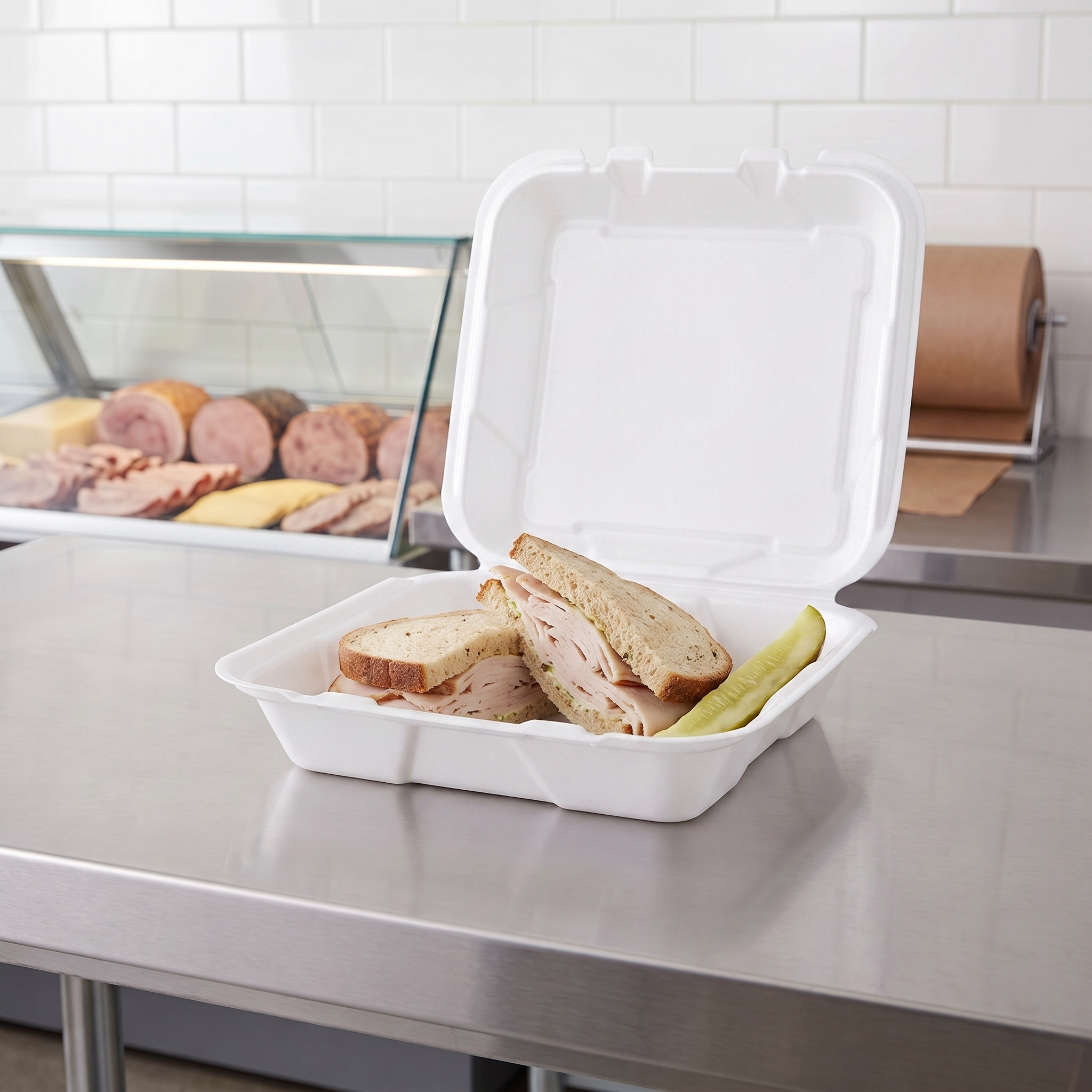 CKF 87545 FST-23 white foam hinged container open on a deli counter holding a sliced turkey sandwich on rye with a dill pickle spear