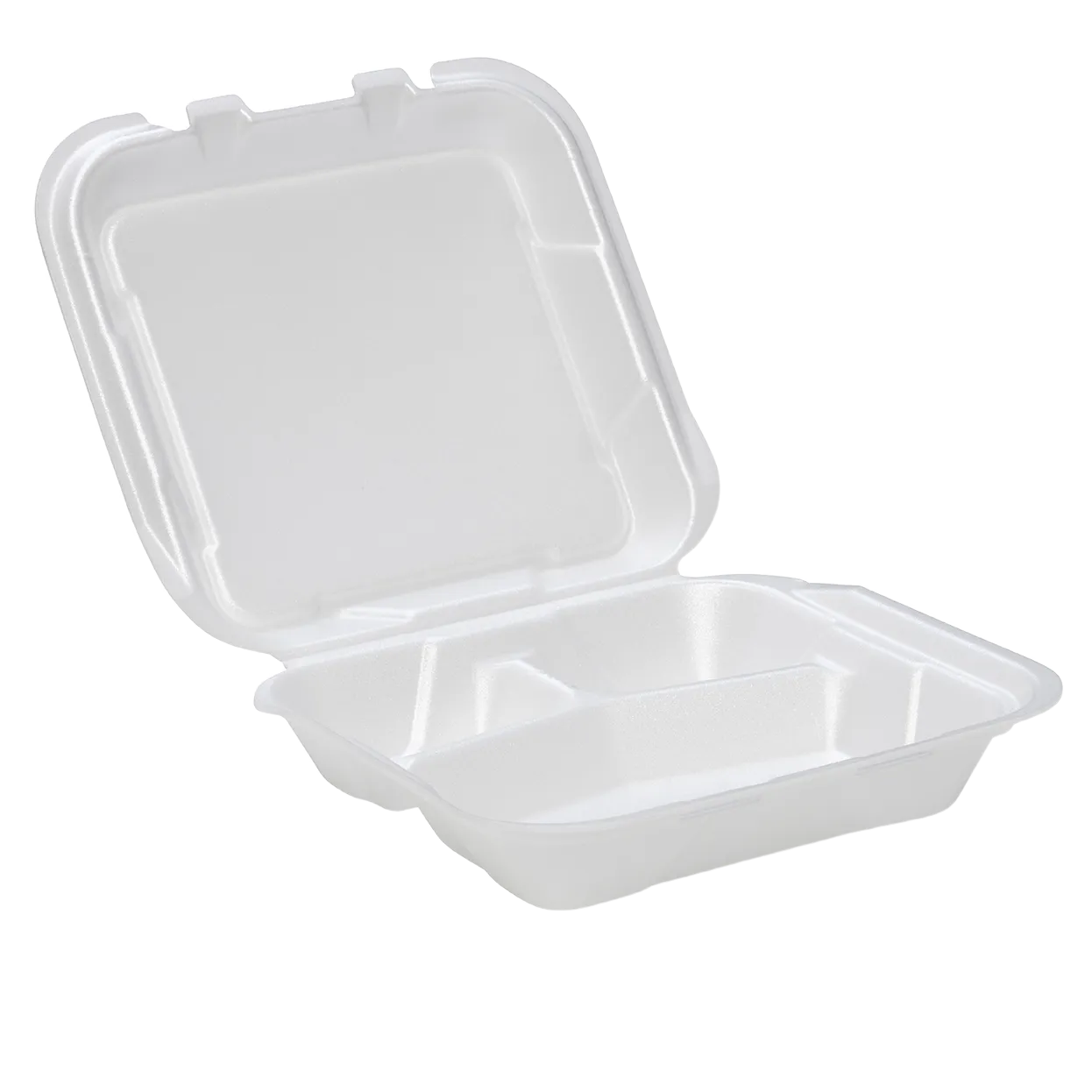 CKF 87547 FST-23 3C white foam hinged 3 compartment container, manufacturer product photo with background removed