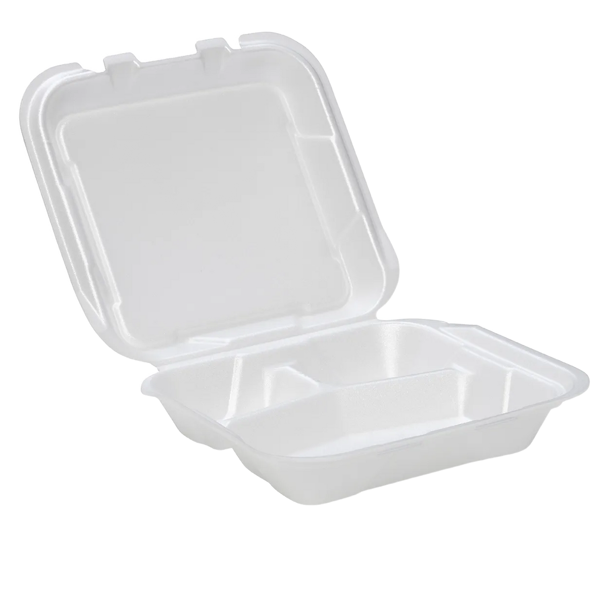 CKF 87547 FST-23 3C white foam hinged 3 compartment container, manufacturer product photo with background removed