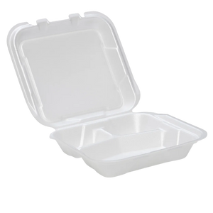 CKF 87547 FST-23 3C white foam hinged 3 compartment container, manufacturer product photo with background removed