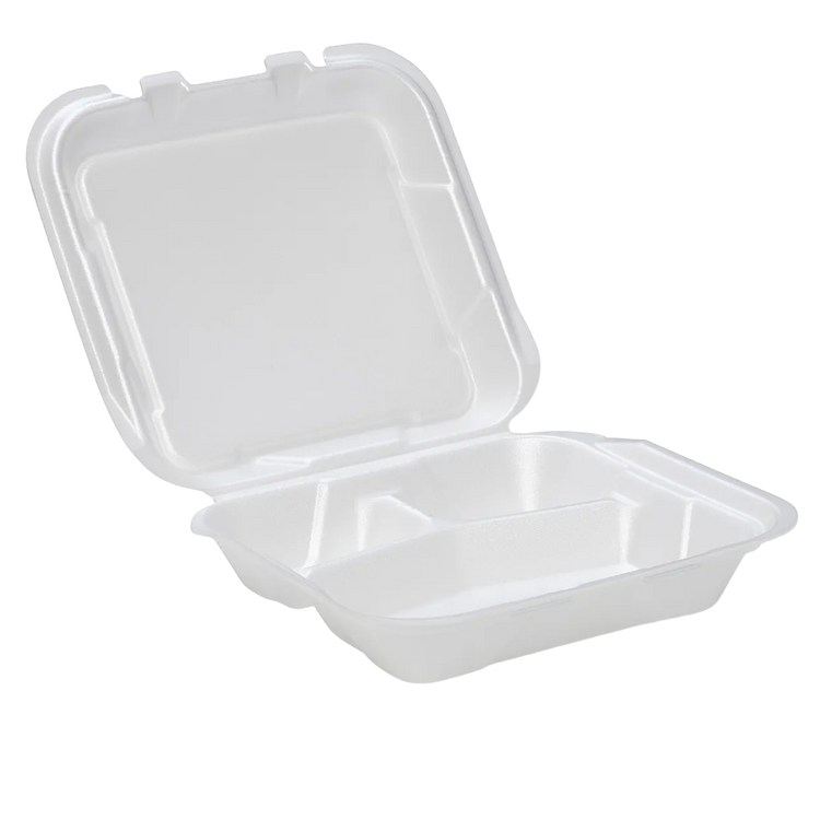 CKF 87547 FST-23 3C white foam hinged 3 compartment container, manufacturer product photo with background removed