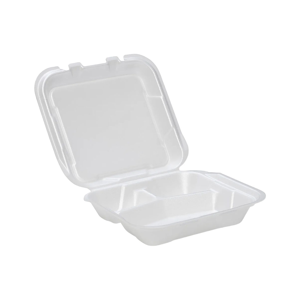 CKF 87547 FST-23 3C white foam hinged takeout container, three compartments, 8.3 x 7.6 x 2.3 inches, shown open on a white background