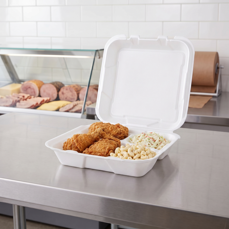 CKF 87547 FST-23 3C white foam hinged 3 compartment container open on a deli counter holding fried chicken, macaroni salad and coleslaw