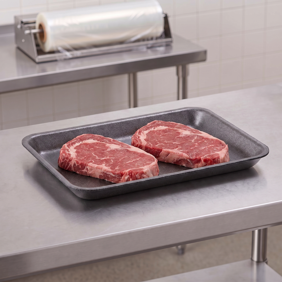CKF 87802 #2 black foam meat tray holding two raw ribeye steaks on a stainless steel table in a meat packing room
