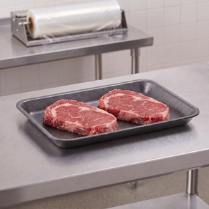 CKF 87802 #2 black foam meat tray holding two raw ribeye steaks on a stainless steel table in a meat packing room