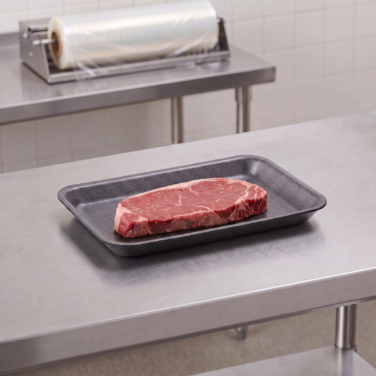CKF 87803 #2S black foam meat tray holding a raw beef sirloin steak on a stainless steel table in a meat packing room
