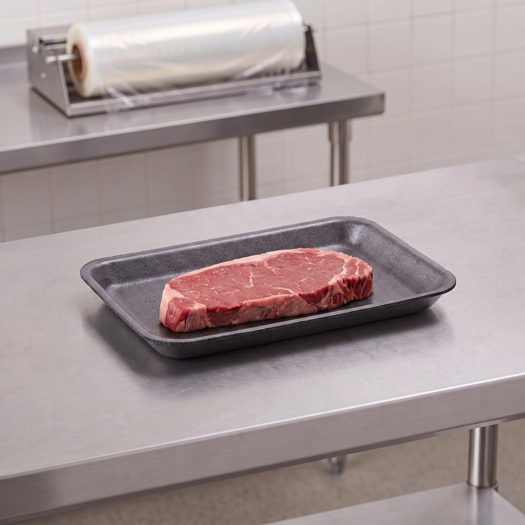 CKF 87803 #2S black foam meat tray holding a raw beef sirloin steak on a stainless steel table in a meat packing room