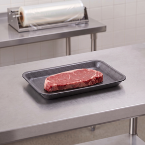 CKF 87803 #2S black foam meat tray holding a raw beef sirloin steak on a stainless steel table in a meat packing room