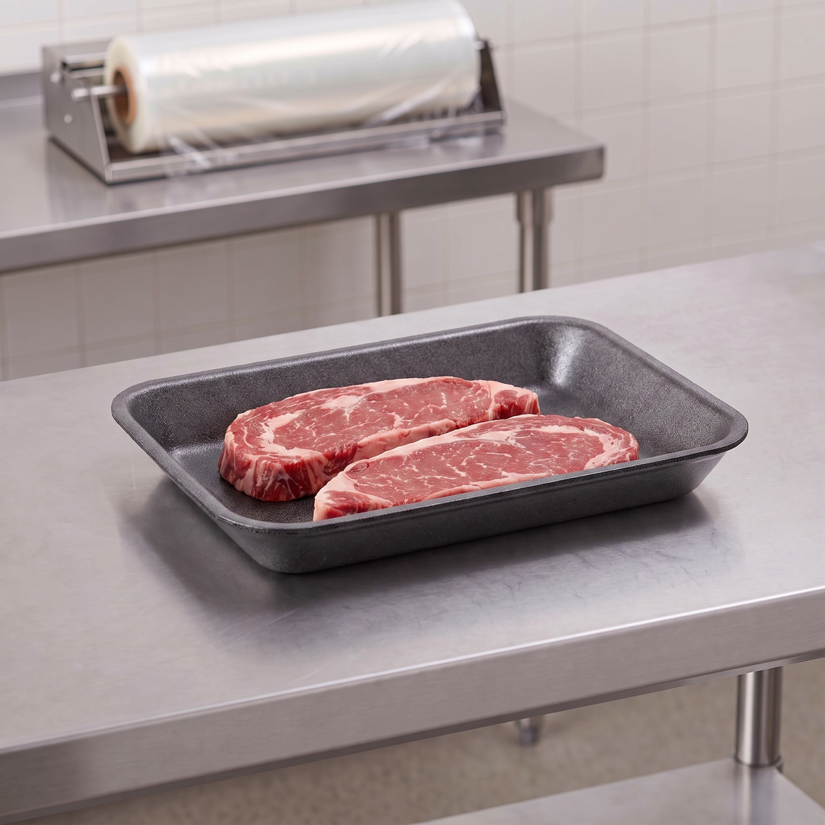 CKF 87805 #3PP black foam meat tray holding two raw beef sirloin steaks on a stainless steel table in a meat packing room