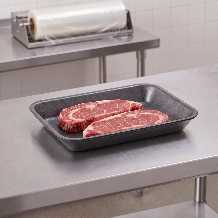 CKF 87805 #3PP black foam meat tray holding two raw beef sirloin steaks on a stainless steel table in a meat packing room