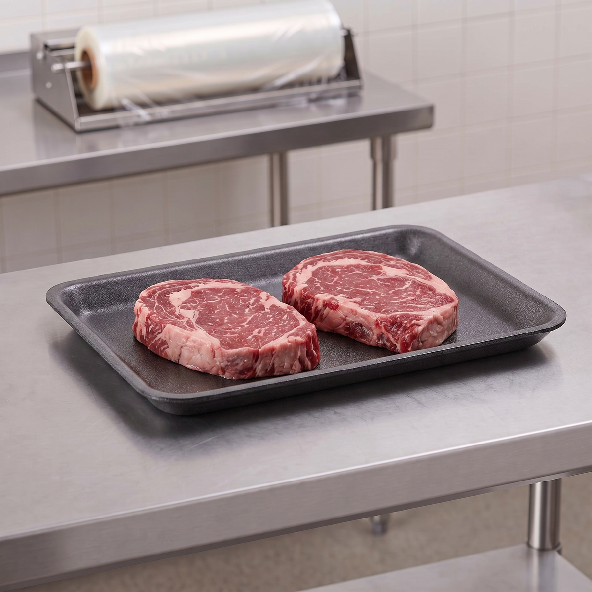 CKF 87806 #9L black foam meat tray holding two raw ribeye steaks on a stainless steel table in a meat packing room