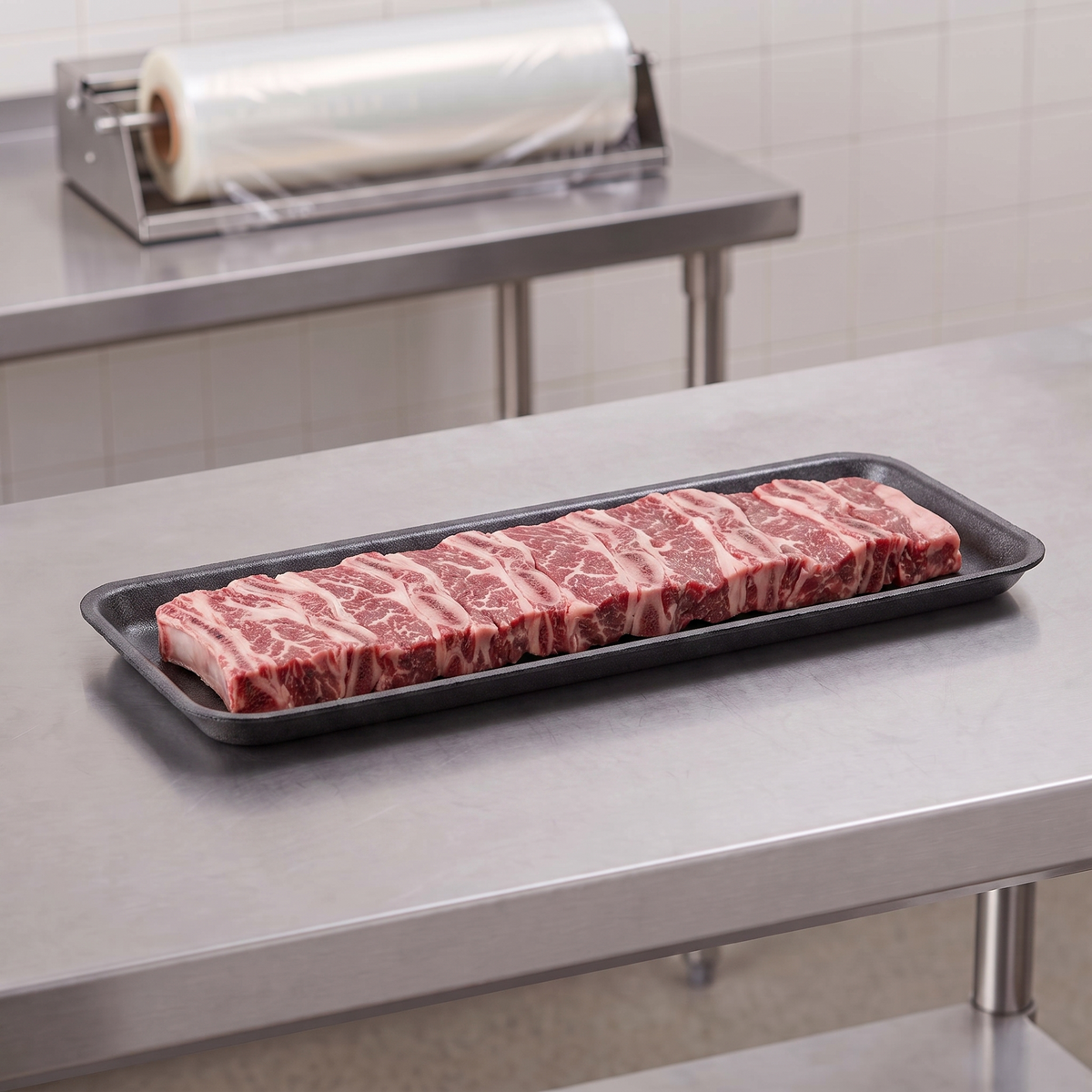 CKF 87807 #7H black foam meat tray holding a row of raw beef short ribs on a stainless steel table in a meat packing room