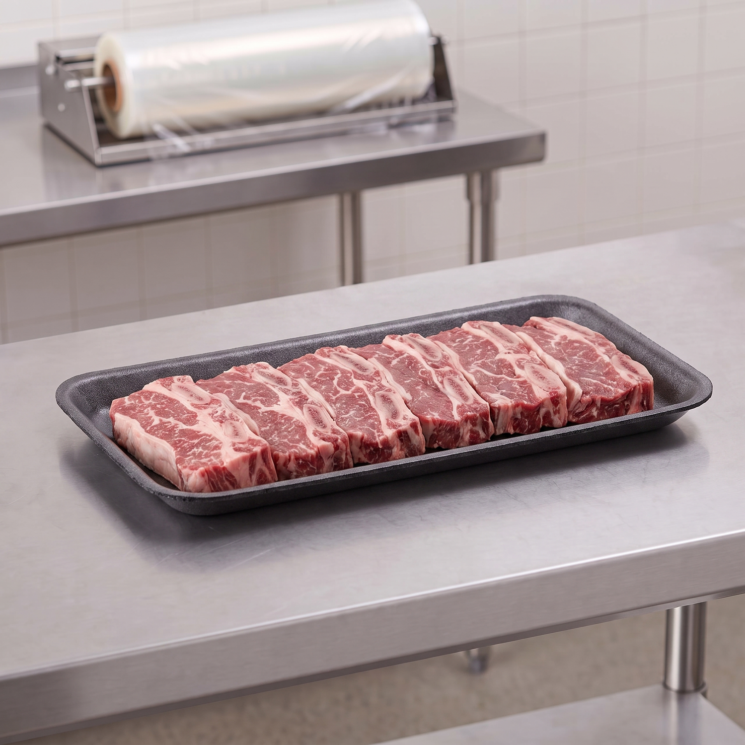CKF 87810 #10S black foam meat tray holding a row of raw beef short ribs on a stainless steel table in a meat packing room