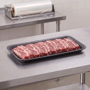 CKF 87810 #10S black foam meat tray holding a row of raw beef short ribs on a stainless steel table in a meat packing room