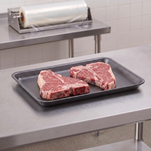 CKF 87812 #12S black foam meat tray holding two raw T-bone steaks on a stainless steel table in a meat packing room