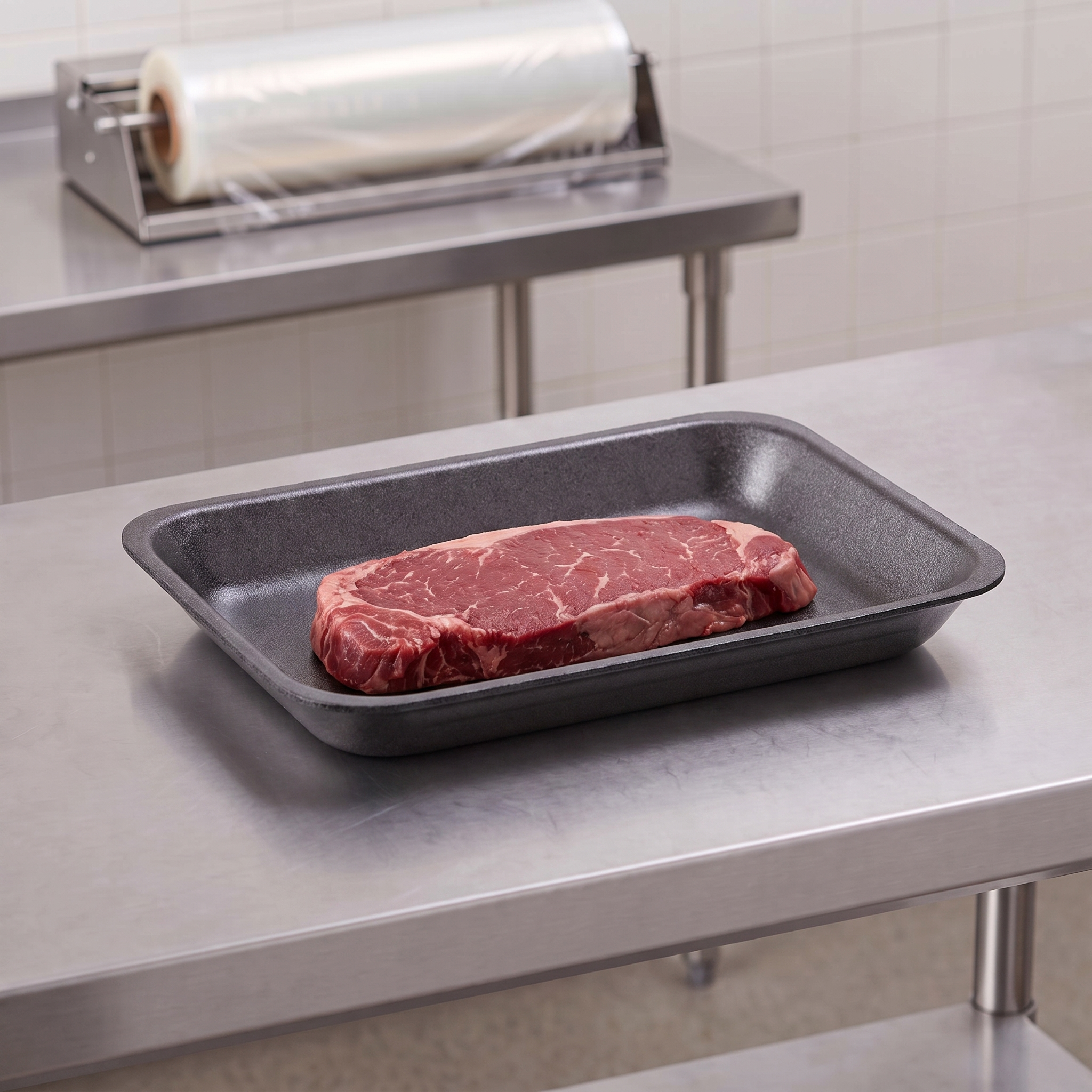 CKF 87813 #2PP charcoal foam meat tray holding a raw beef flat iron steak on a stainless steel table in a meat packing room