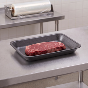 CKF 87813 #2PP charcoal foam meat tray holding a raw beef flat iron steak on a stainless steel table in a meat packing room