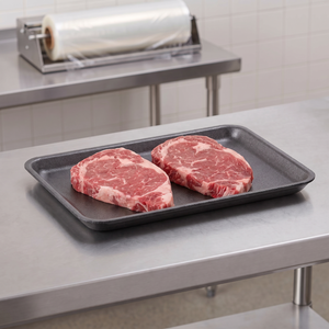 CKF 87816 #16S black foam meat tray holding two raw ribeye steaks on a stainless steel table in a meat packing room