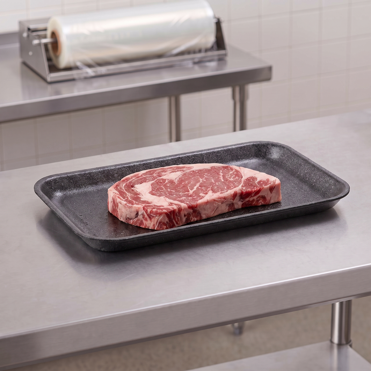 CKF 87817 #17S black foam meat tray holding a raw ribeye steak on a stainless steel table in a meat packing room