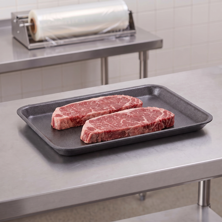 CKF 87820 #20S charcoal foam meat tray holding two raw beef strip steaks on a stainless steel table in a meat packing room
