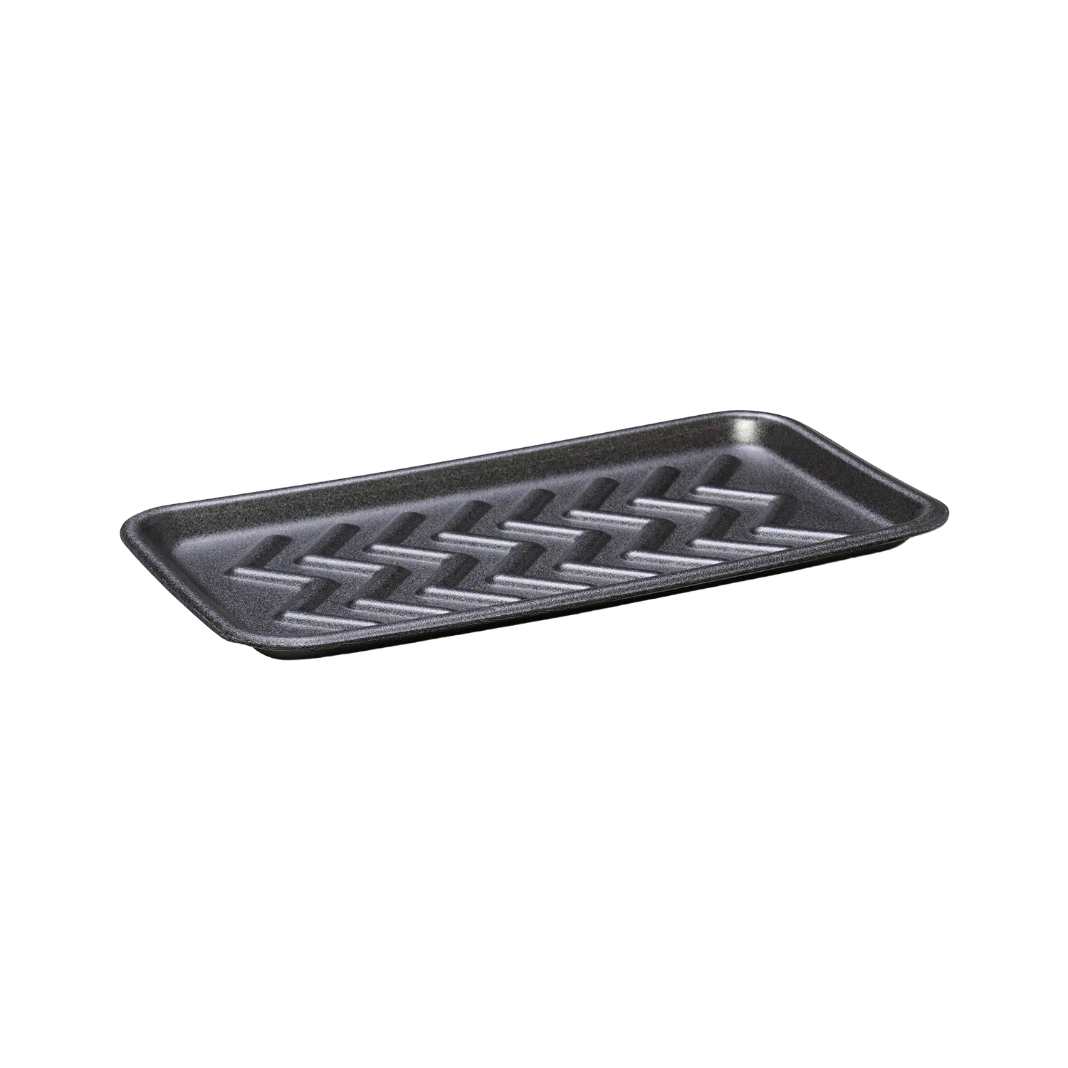 CKF 87825 #25S black foam meat tray, 15 x 8 x 0.625 inches, shown empty on a white background