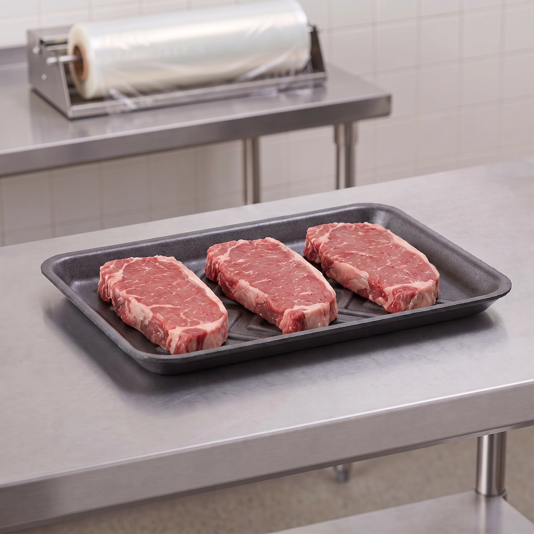 CKF 87825 #25S black foam meat tray holding three raw beef strip steaks on a stainless steel table in a meat packing room
