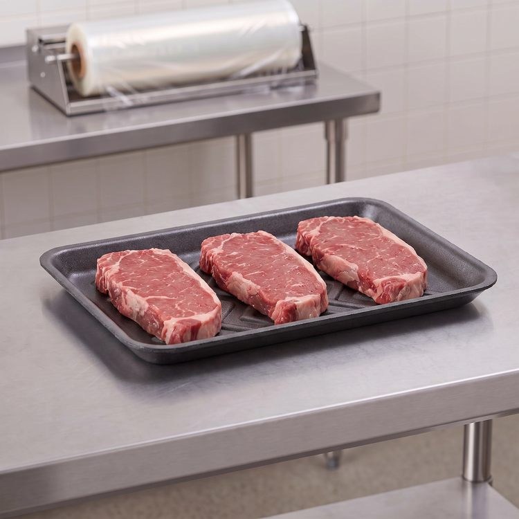 CKF 87825 #25S black foam meat tray holding three raw beef strip steaks on a stainless steel table in a meat packing room