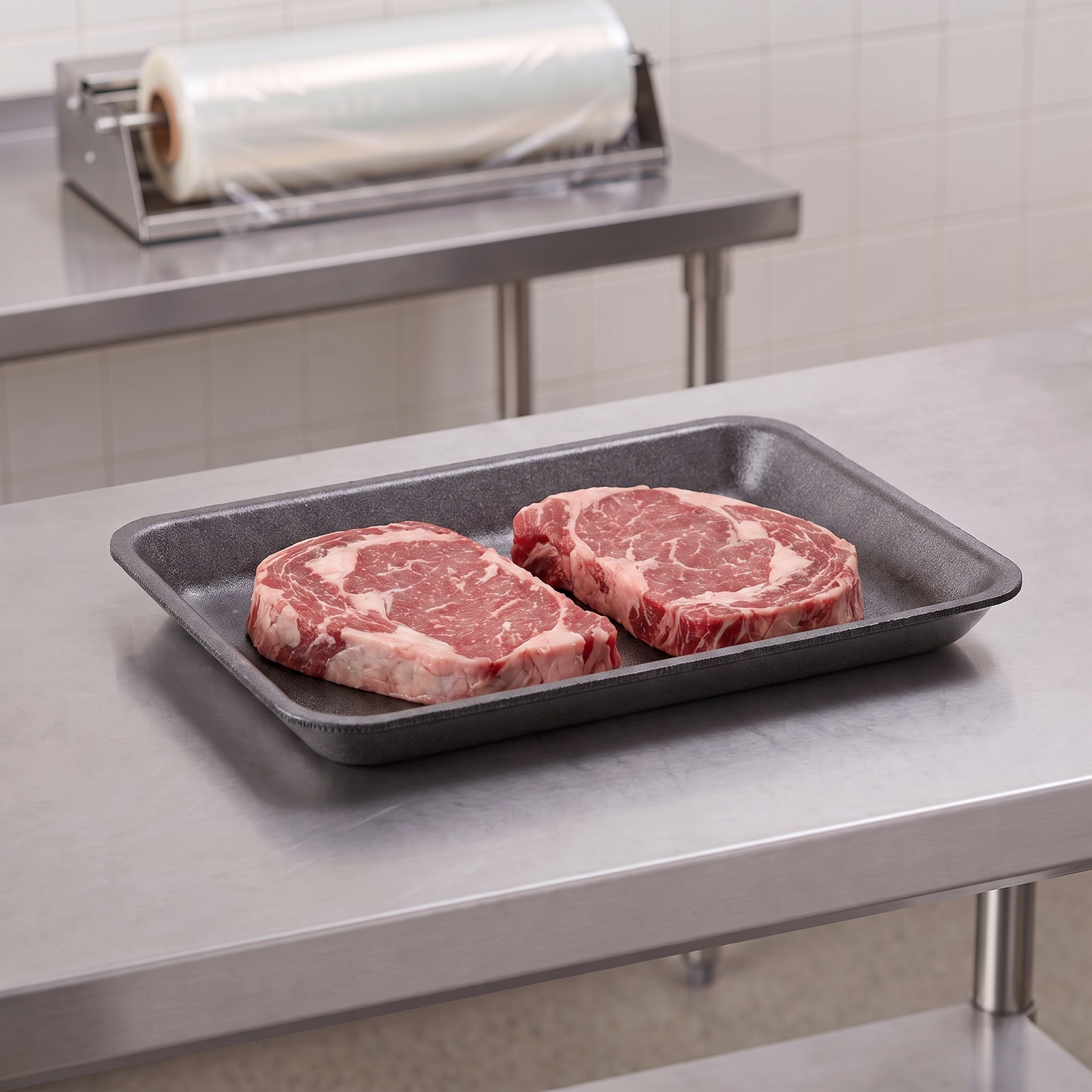 CKF 87840 #4P black foam meat tray holding two raw ribeye steaks on a stainless steel table in a meat packing room