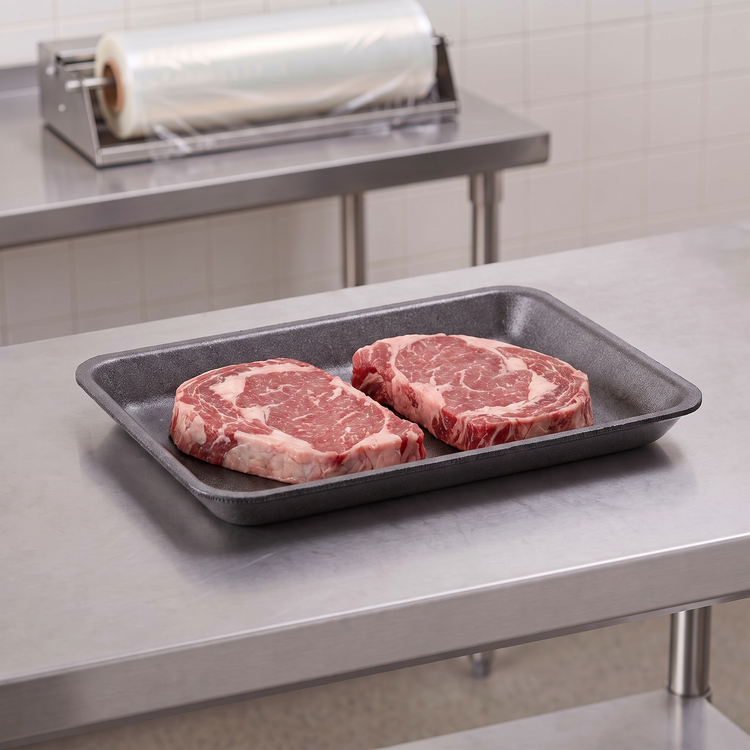 CKF 87840 #4P black foam meat tray holding two raw ribeye steaks on a stainless steel table in a meat packing room