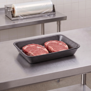 CKF 87846 #42P black foam meat tray holding two raw ribeye steaks on a stainless steel table in a meat packing room