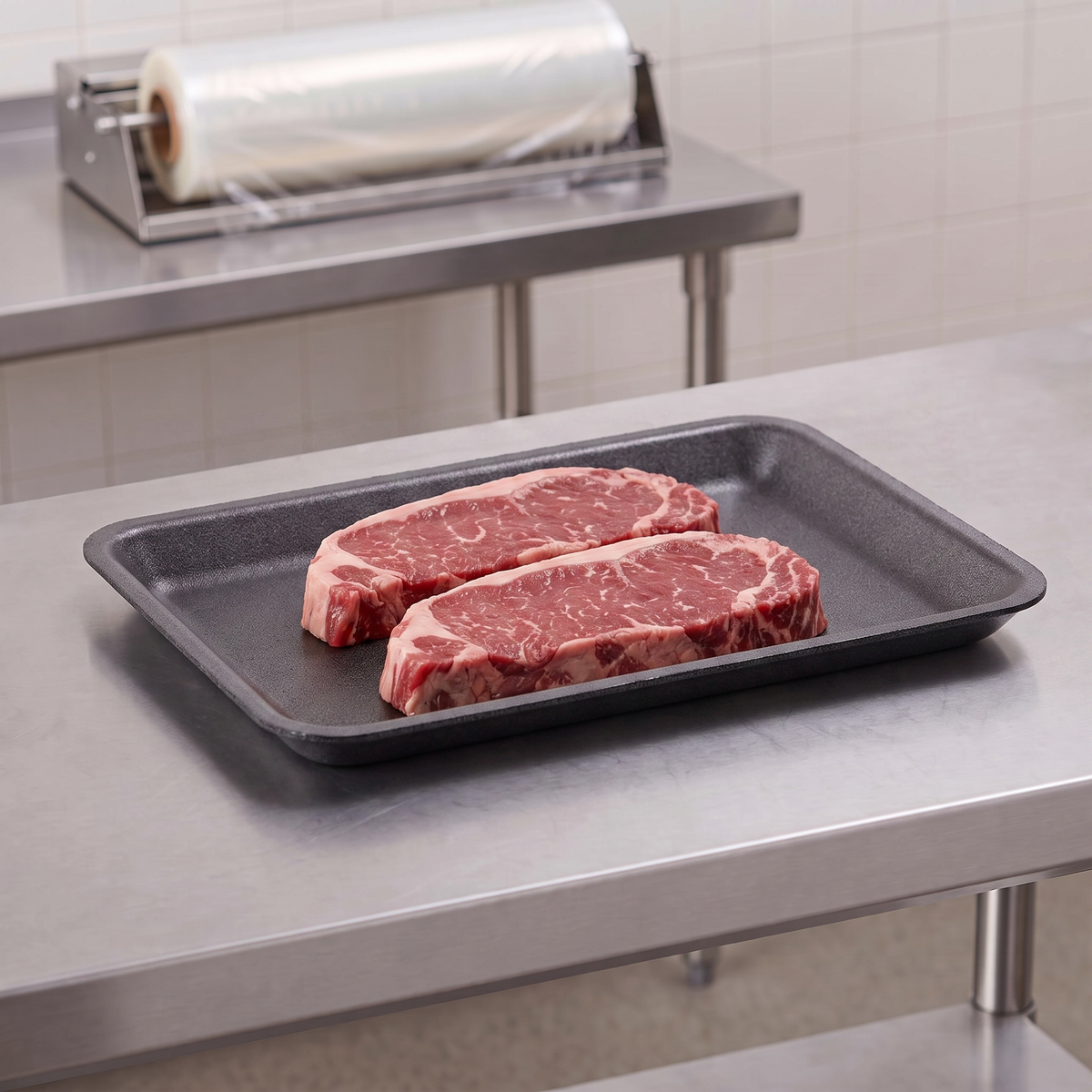 CKF 87853 #4PR black foam meat tray holding two raw strip steaks on a stainless steel table in a meat packing room