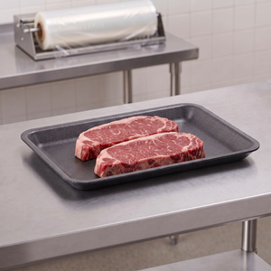 CKF 87853 #4PR black foam meat tray holding two raw strip steaks on a stainless steel table in a meat packing room