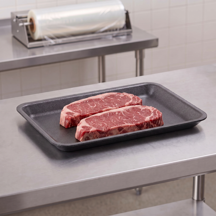 CKF 87853 #4PR black foam meat tray holding two raw strip steaks on a stainless steel table in a meat packing room