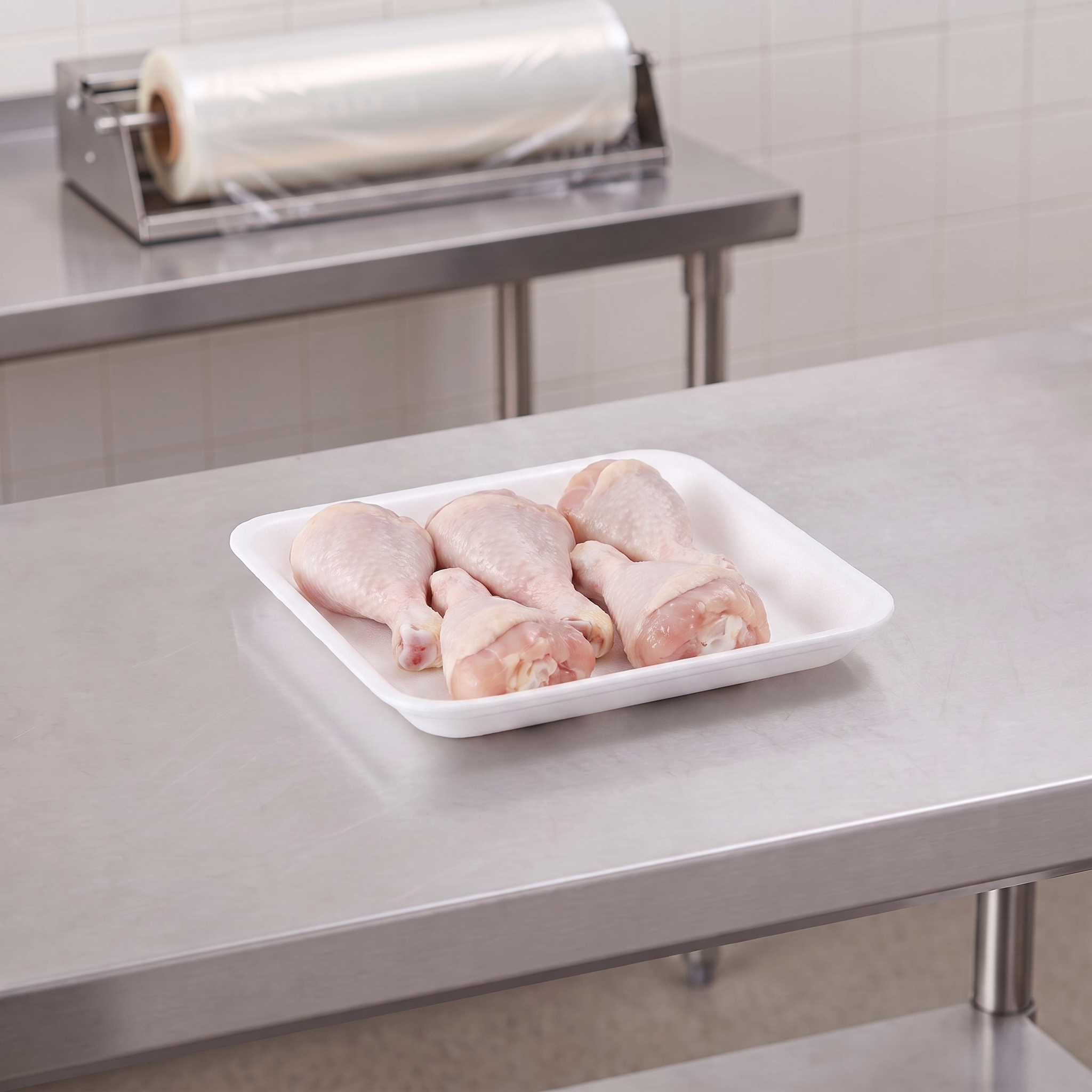 CKF 88101 #1S white foam meat tray holding raw chicken drumsticks on a stainless steel table in a meat packing room