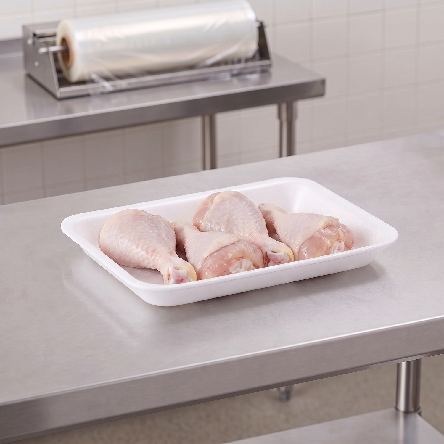 CKF 88102 #2 white foam meat tray holding four raw chicken drumsticks on a stainless steel table in a meat packing room
