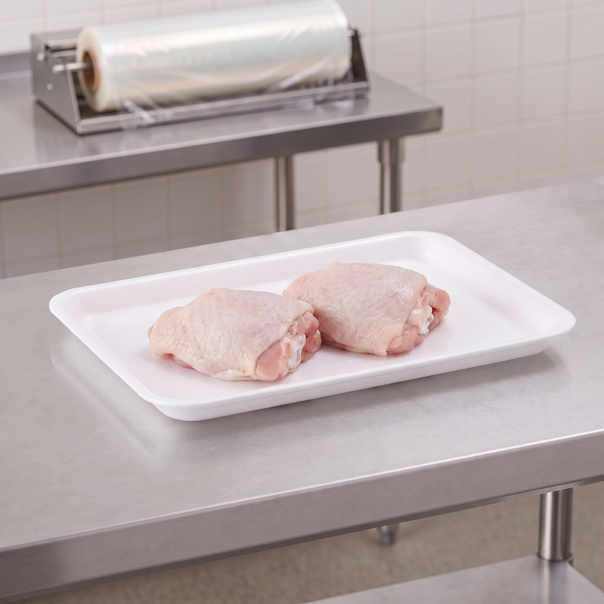 CKF 88103 #2S white foam meat tray holding two raw chicken thighs on a stainless steel table in a meat packing room