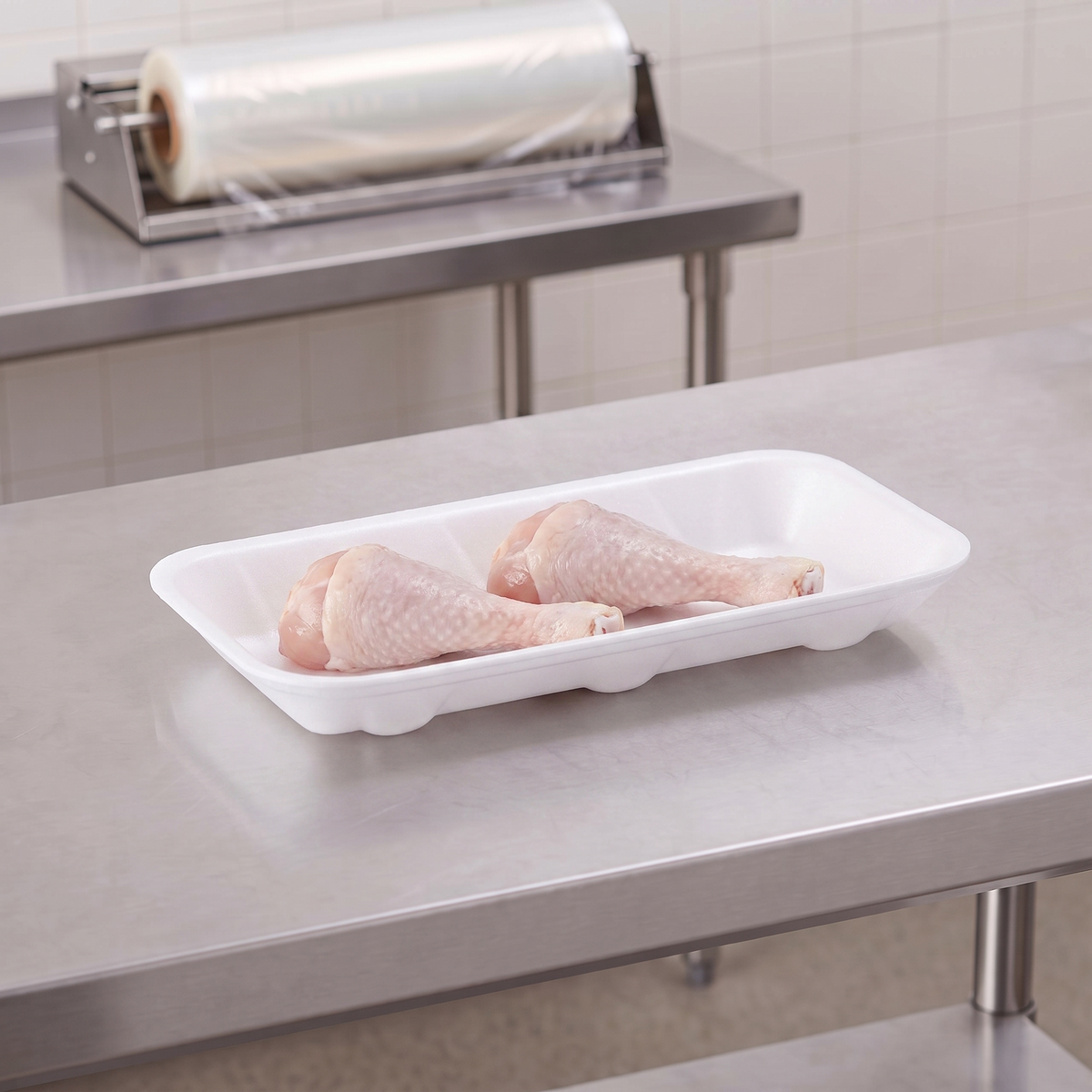 CKF 88105 #1.5 white foam meat tray holding two raw chicken drumsticks on a stainless steel table in a meat packing room