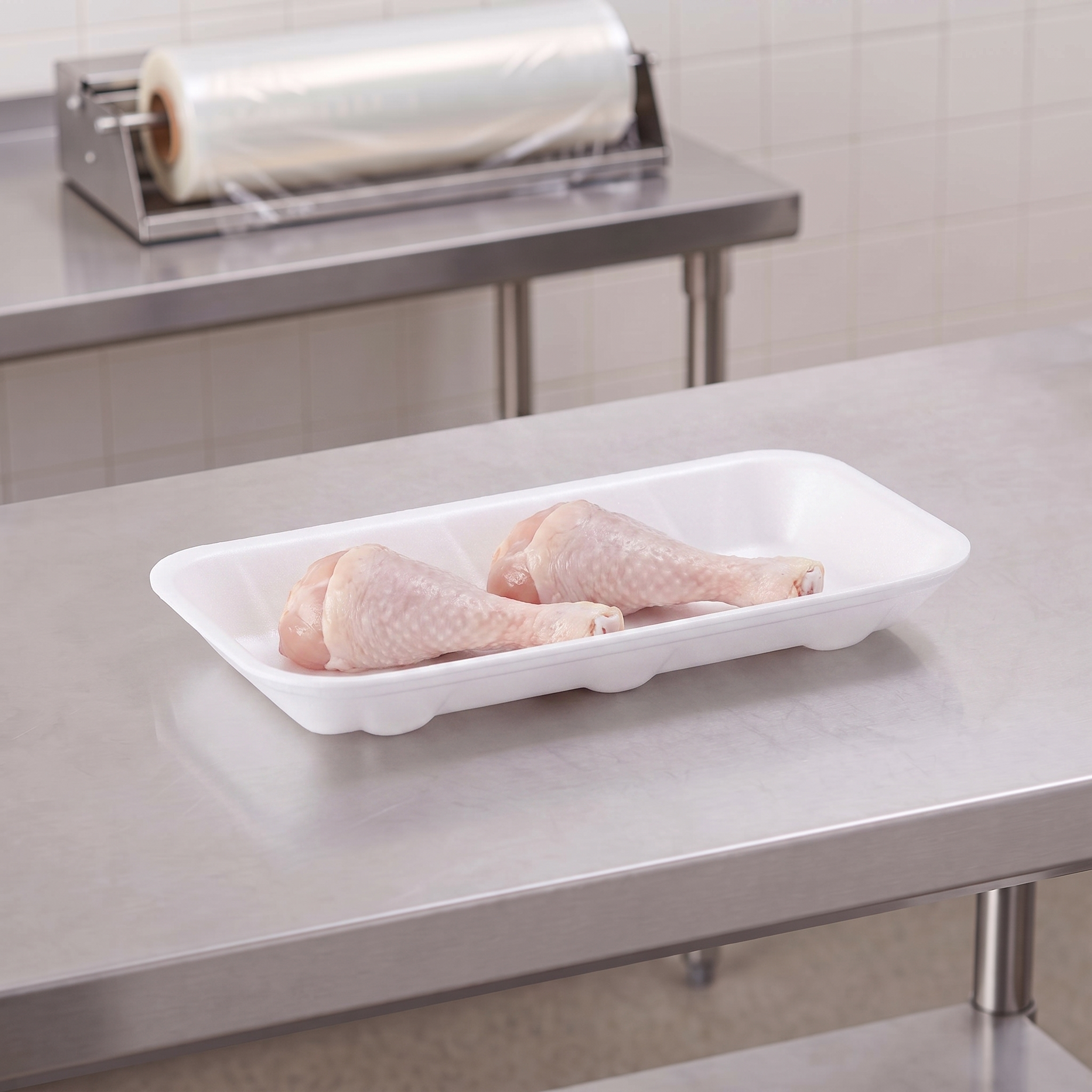 CKF 88105 #1.5 white foam meat tray holding two raw chicken drumsticks on a stainless steel table in a meat packing room
