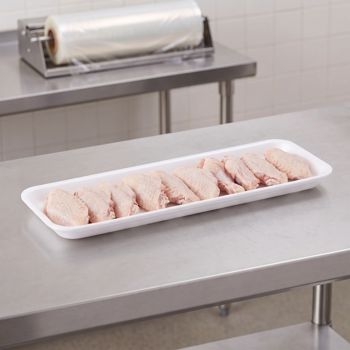 CKF 88107 #7H white foam meat tray holding a row of raw chicken wings on a stainless steel table in a meat packing room