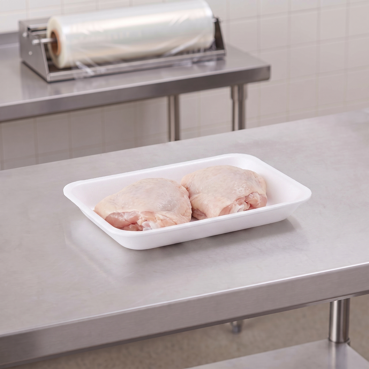 CKF 88111 #2PP white foam meat tray holding two raw bone-in chicken thighs on a stainless steel table in a meat packing room