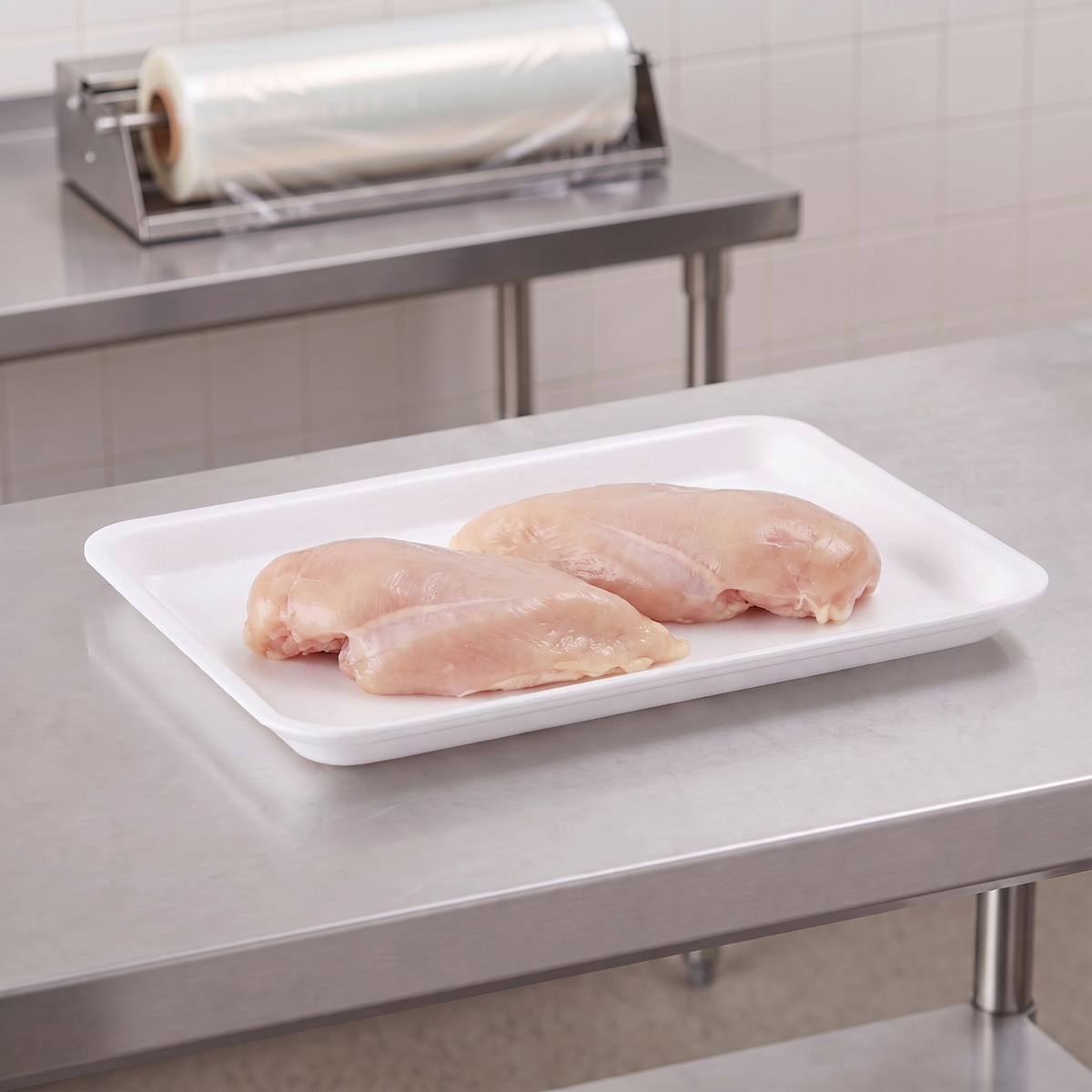CKF 88112 #12S white foam meat tray holding two raw bone-in chicken breasts on a stainless steel table in a meat packing room